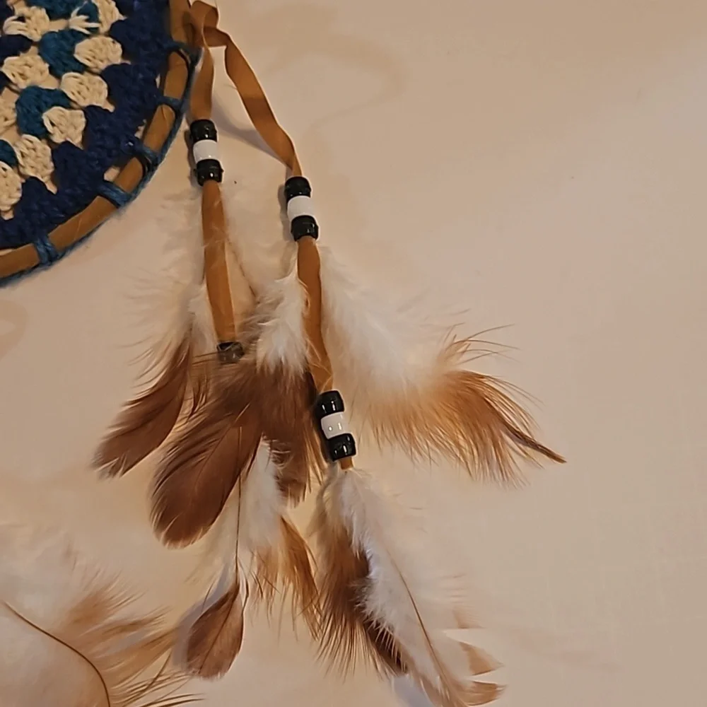 Hand Crafted crochet floral dreamcatcher blue eclectic textile arts wall decor